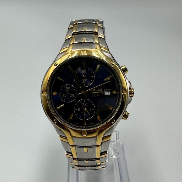 Pulsar Chronograph Watch Men Silver Gold Two-Tone Blue Dial New Battery 8.25" - Picture 2 of 12